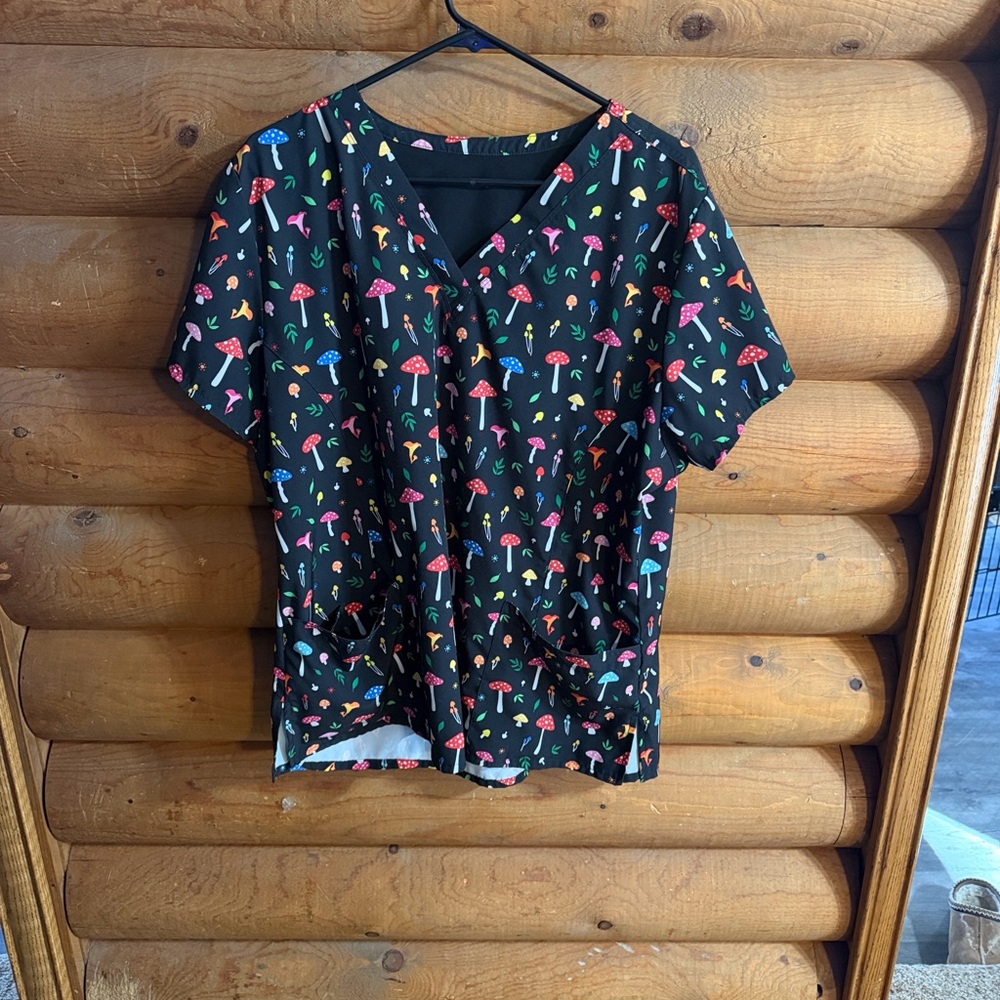 Colorful Mushroom Print Black Scrub Top
